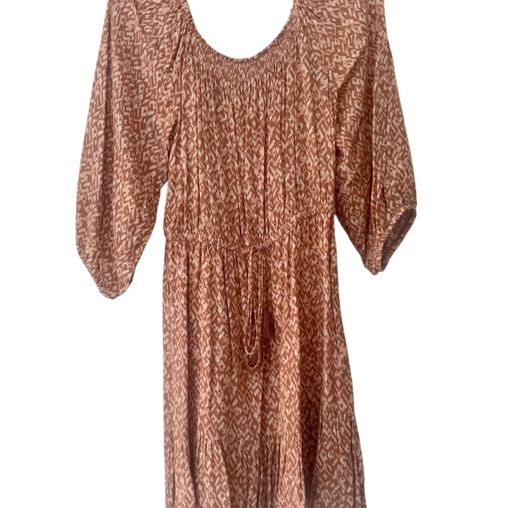 Gentle Fawn Pink Rust Elastic Drawstring Tassel Waist On/Off Shoulder Dress